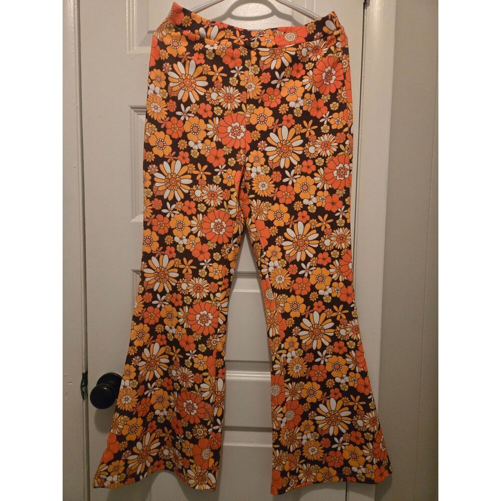 Brown, Orange, and Yellow Floral Flare Leg Pants by Shein size L petite